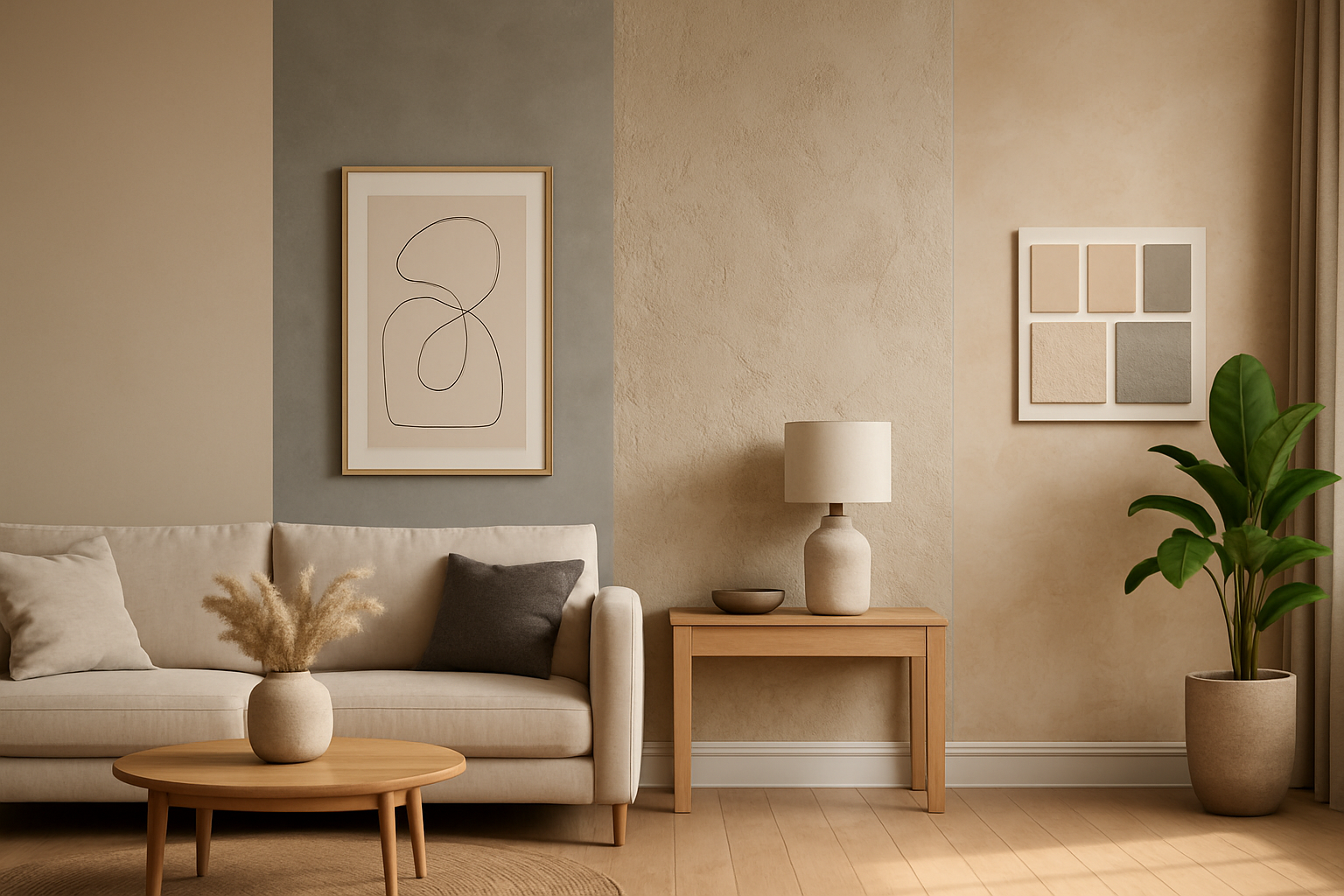 Ruang tamu modern menunjukkan contoh finishing cat dekoratif dan mood board warna